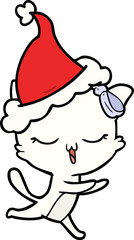 line drawing of a cat with bow on head wearing santa hat