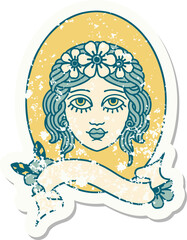 grunge sticker with banner of a maiden