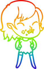 rainbow gradient line drawing cartoon vampire girl with blood on cheek