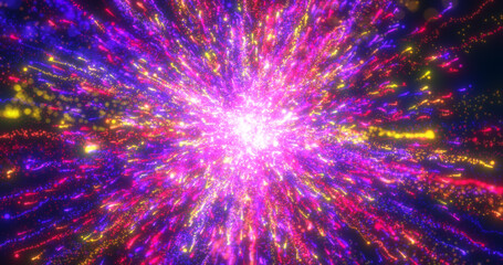 Abstract glowing energy explosion whirlwind firework from purple lines and magic particles abstract background