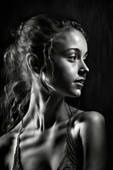black and white illustration, young woman with long wavy hair, in side profile created with Generative AI technology
