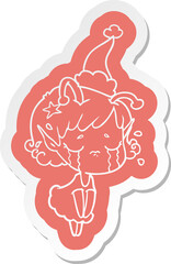 cartoon  sticker of a crying alien girl wearing santa hat