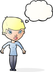 cartoon woman shrugging shoulders with thought bubble