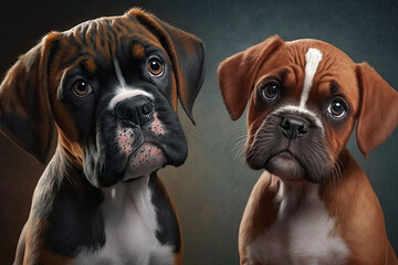 two boxer puppies with loyal doggy look, one dark brown and black with white bib, the other reddish brown with white lug created with Generative AI technology