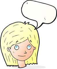 cartoon happy female face with speech bubble