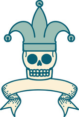 tattoo with banner of a skull jester
