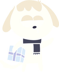 flat color style cartoon bored dog with christmas present