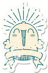 grunge sticker of tattoo style happy singing cupcake