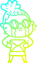cold gradient line drawing cartoon crying woman wearing spectacles