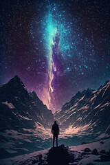 Fototapeta premium hiker stands in the snowy mountains and admires the magnificent starry sky with vertical northern lights created with Generative AI technology