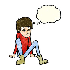 cartoon boy sitting on floor with thought bubble