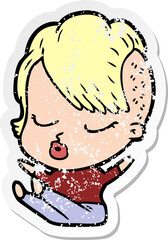 distressed sticker of a cartoon pretty hipster girl