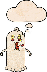 cartoon ghost with flaming eyes and thought bubble in grunge texture pattern style
