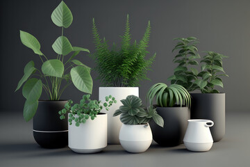 Plants in black and white pots on a dark background. AI generative.