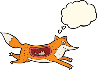 cartoon fox with mouse in belly with thought bubble