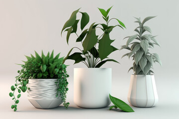 Three plants in pots with patterns on a white background. AI generative.