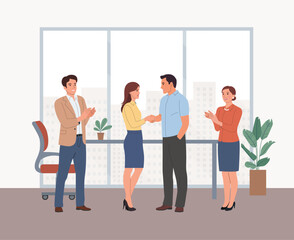 Young man and woman shake hands in the office. Male handshake of business partners. Man and woman clapping hands. Vector cartoon flat style illustration