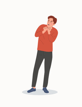 Young man in full height experiences fear, fright, stress.Vector flat style cartoon  illustration.