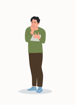 Young man in full height experiences fear, fright, stress.Vector flat style cartoon  illustration.