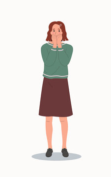 Young woman in full height experiences fear, fright, stress.Vector flat style cartoon  illustration.