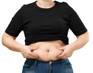 Women in jeans hand holding excessive belly fat