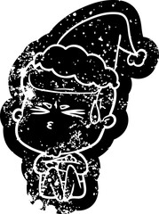 cartoon distressed icon of a man sweating wearing santa hat