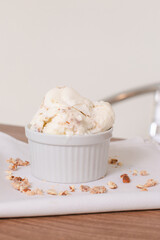 Diet ice cream on a wooden table.