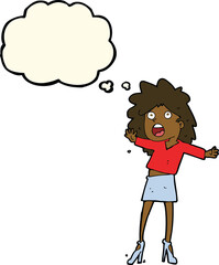cartoon woman having trouble walking in heels with thought bubble