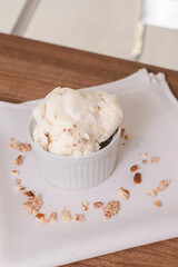 Chopped view of a diet ice cream on a wooden table.