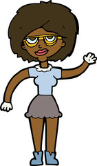 cartoon waving woman wearing spectacles
