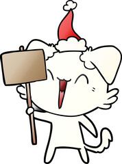 happy little gradient cartoon of a dog holding sign wearing santa hat