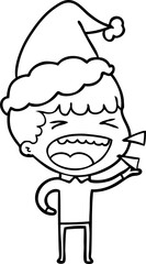 line drawing of a laughing man wearing santa hat