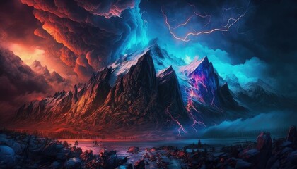 Fototapeta na wymiar Lightning sky with mountains. Generative AI