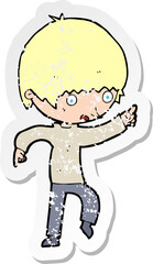 retro distressed sticker of a cartoon worried boy pointing