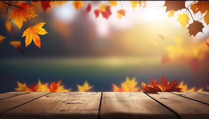 Naklejka na ściany i meble Wooden Table With Orange Leaves And Blurred Autumn Background. Generative AI.