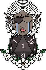 crying elf rogue character face with natural one D20 roll illustration