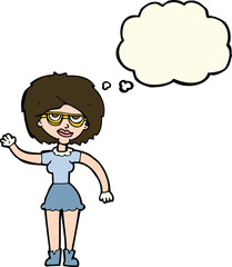 cartoon waving woman wearing spectacles with thought bubble