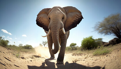 Fototapeta na wymiar Up close with the African elephant: a dangerous encounter in the savannah. Generative AI.