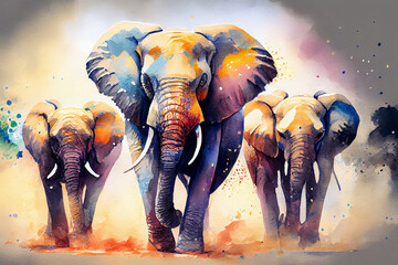 A group of elephants trumpeting and charging forward to protect one of their own from danger, generative ai illustration