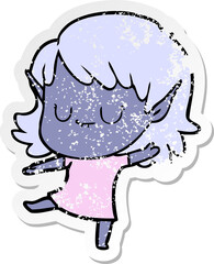distressed sticker of a happy cartoon elf girl