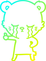 cold gradient line drawing crying cartoon bear giving thumbs up