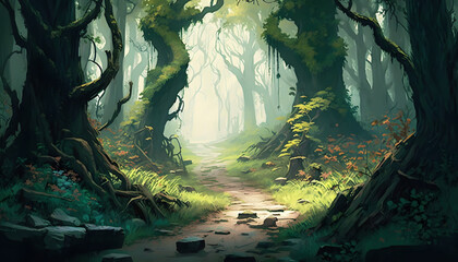 Naklejka premium the road in the green forest, generative AI