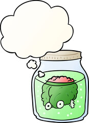 cartoon spooky brain in jar and thought bubble in smooth gradient style
