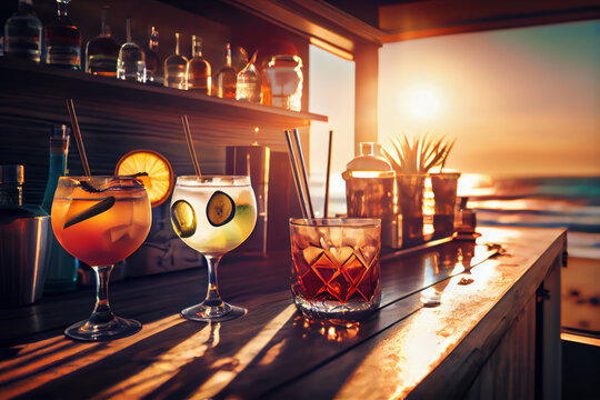 Cocktail drinks glasses and sunset sky at the bar. Beach, sunset with sea background. Summer vacation. Generative AI.