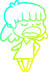 cold gradient line drawing cartoon woman talking loudly