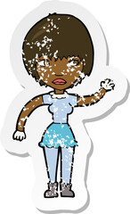 retro distressed sticker of a cartoon waving woman