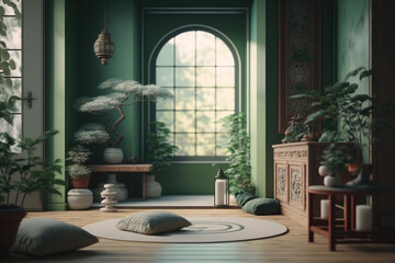 Meditation space: Green interior with bonsai and other meditation equipment in the spring | Generative AI Production