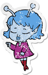 distressed sticker of a cute alien girl cartoon