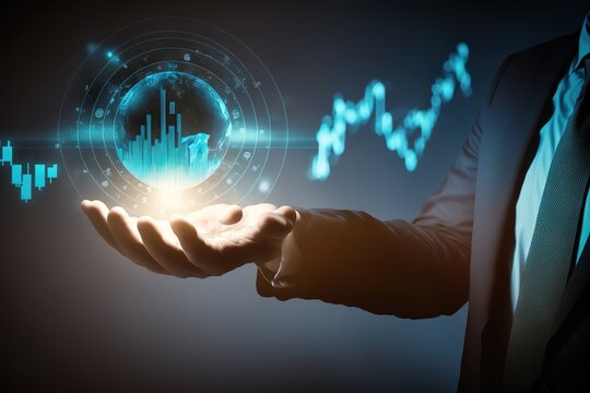 investment and finance concept, businessman holding virtual trading graph and blurred coins on hand, stock market, profits and business growth, AI genertaed