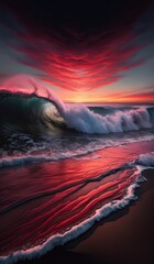 Beautiful wave chrashing in the sunset, made with generated ai